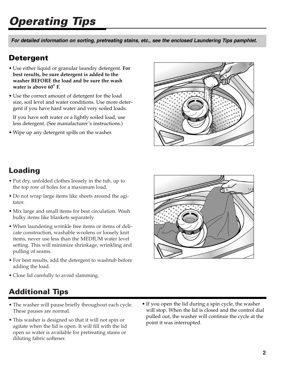 Operating tips, Loading, Additional tips | Detergent | Maytag HE CLOTHES WASHER MAV-39 User Manual | Page 3 / 36