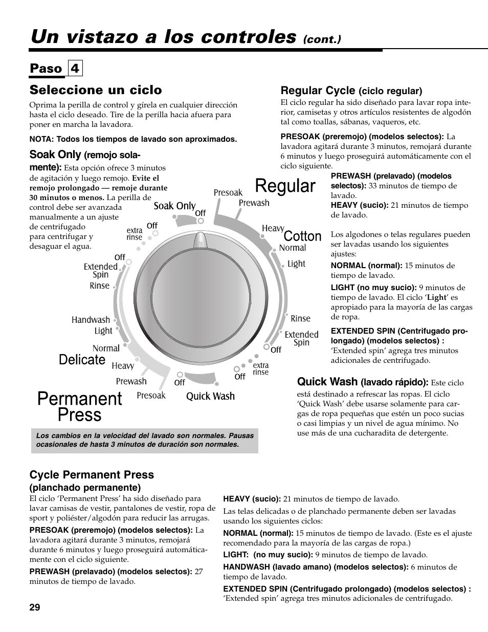 Un vistazo a los controles, Seleccione un ciclo, Paso 4 | Cycle permanent press, Cont.) soak only, Regular cycle, Quick wash | Maytag HE CLOTHES WASHER MAV-39 User Manual | Page 30 / 36