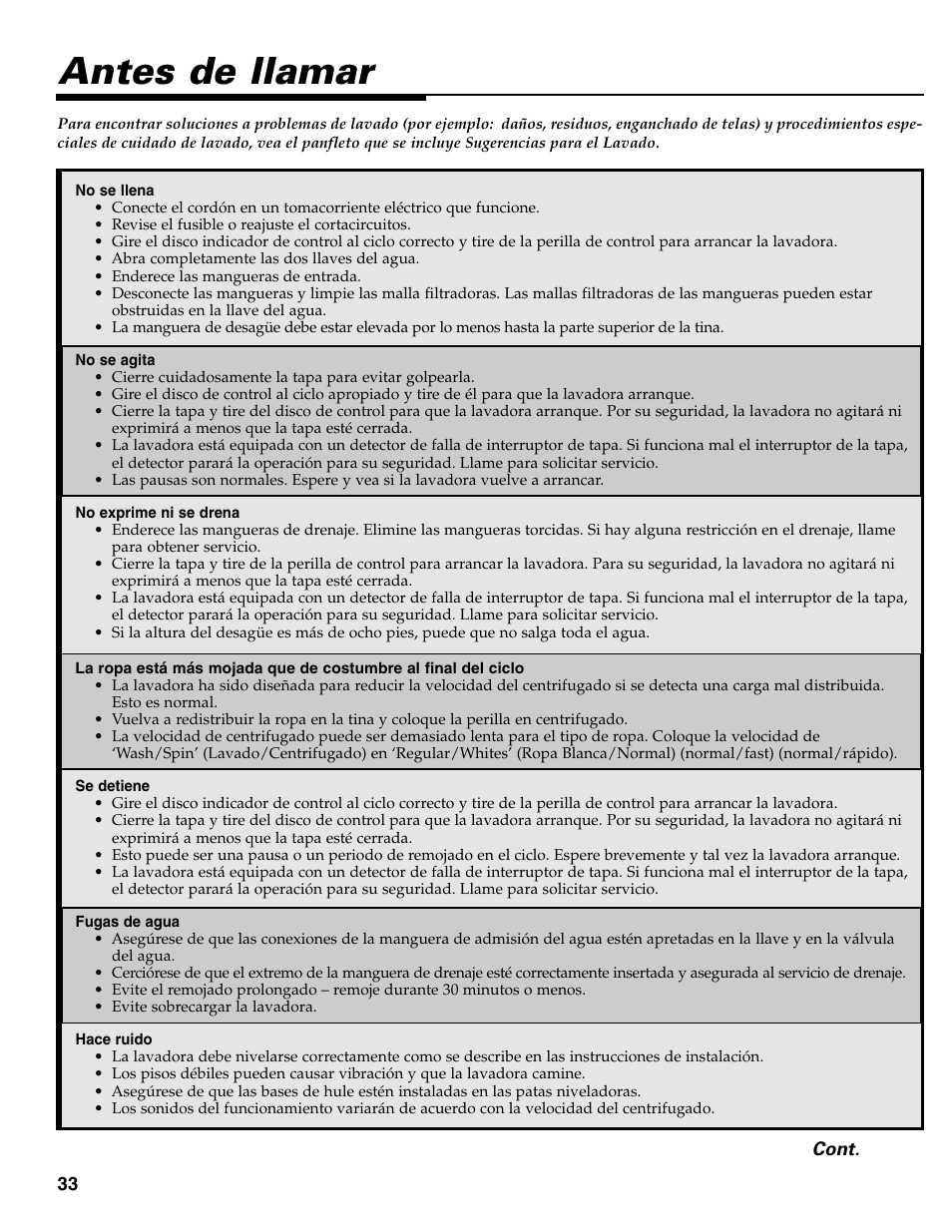 Antes de llamar | Maytag HE CLOTHES WASHER MAV-39 User Manual | Page 34 / 36