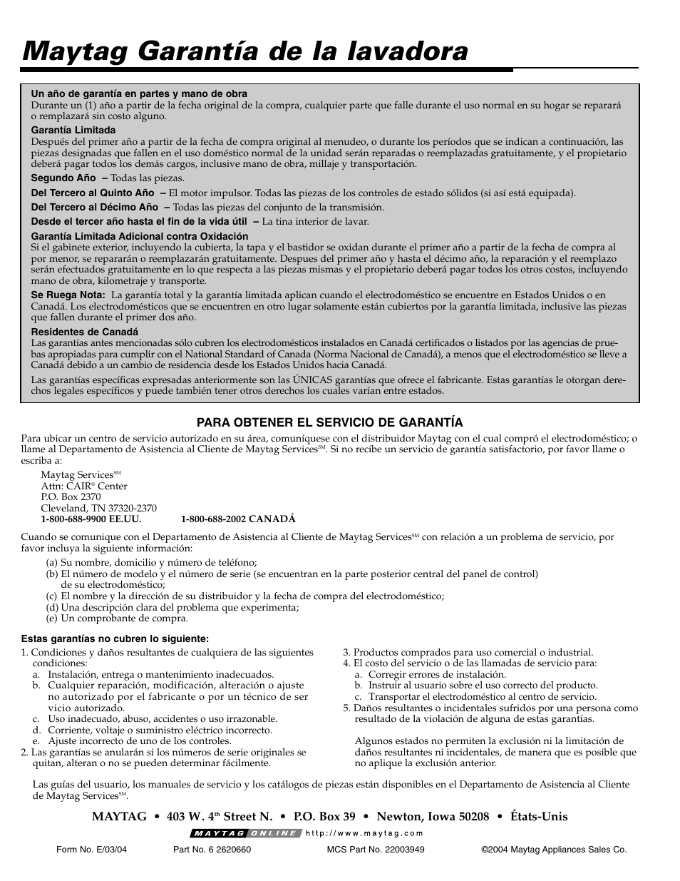 Maytag garantía de la lavadora | Maytag HE CLOTHES WASHER MAV-39 User Manual | Page 36 / 36