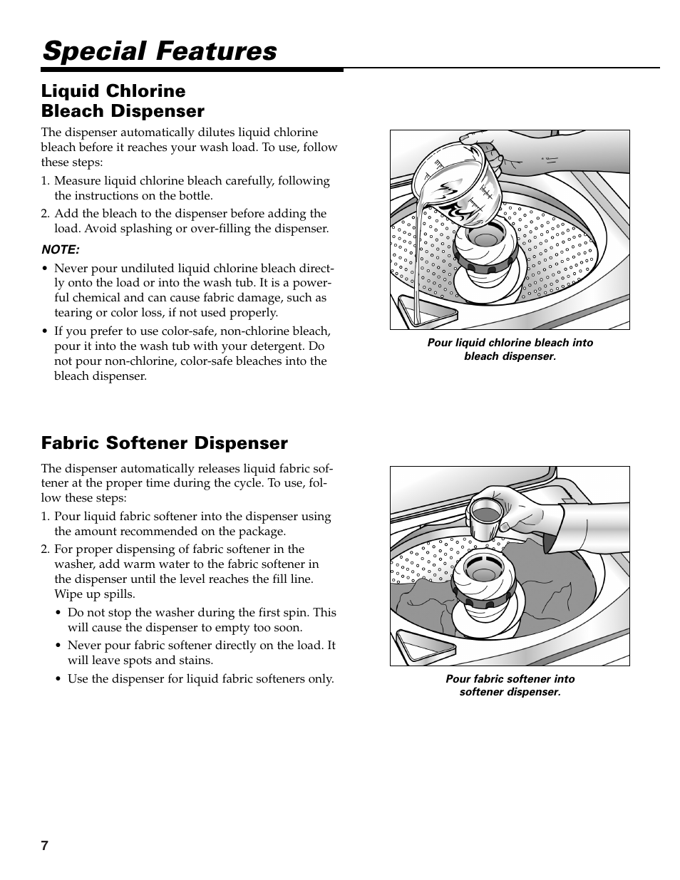 Special features, Liquid chlorine bleach dispenser, Fabric softener dispenser | Maytag HE CLOTHES WASHER MAV-39 User Manual | Page 8 / 36