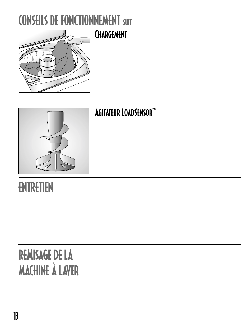 Conseils de fonctionnement, Entretien, Remisage de la machine à laver | Chargement, Agitateur loadsensor, Suit | Maytag MAV6300 User Manual | Page 14 / 24
