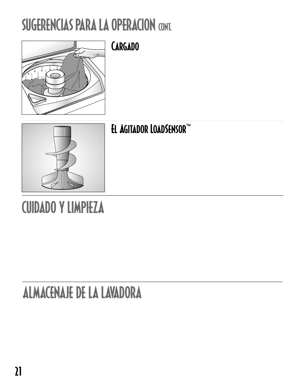 Sugerencias para la operacion, Cuidado y limpieza, Almacenaje de la lavadora | Cargado, El agitador loadsensor, Cont | Maytag MAV6300 User Manual | Page 22 / 24