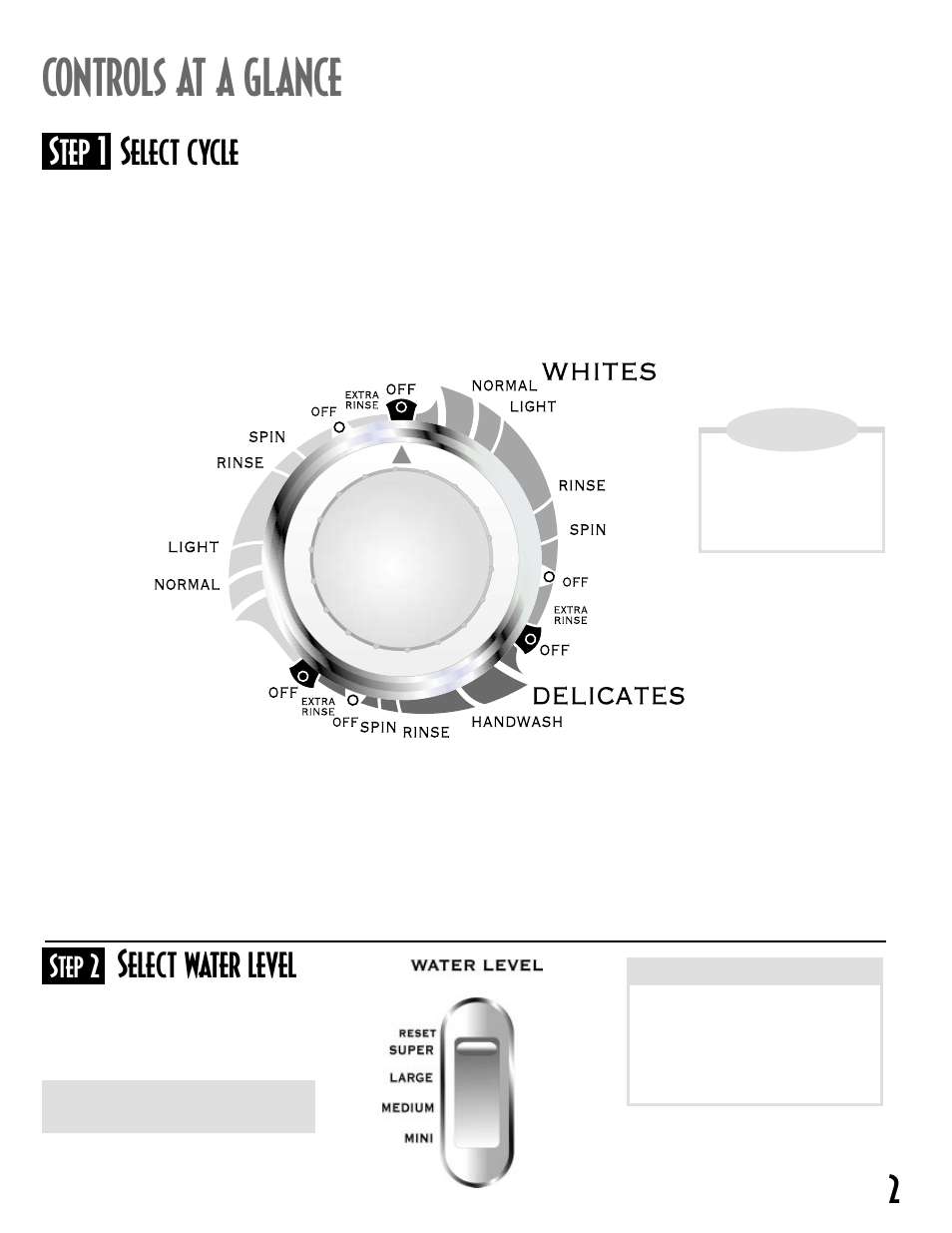 Controls at a glance, Step 1 select cycle, Select water level | Colors, Step 2 | Maytag MAV6300 User Manual | Page 3 / 24