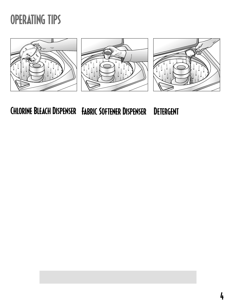 Operating tips, 4chlorine bleach dispenser, Fabric softener dispenser | Detergent | Maytag MAV6300 User Manual | Page 5 / 24