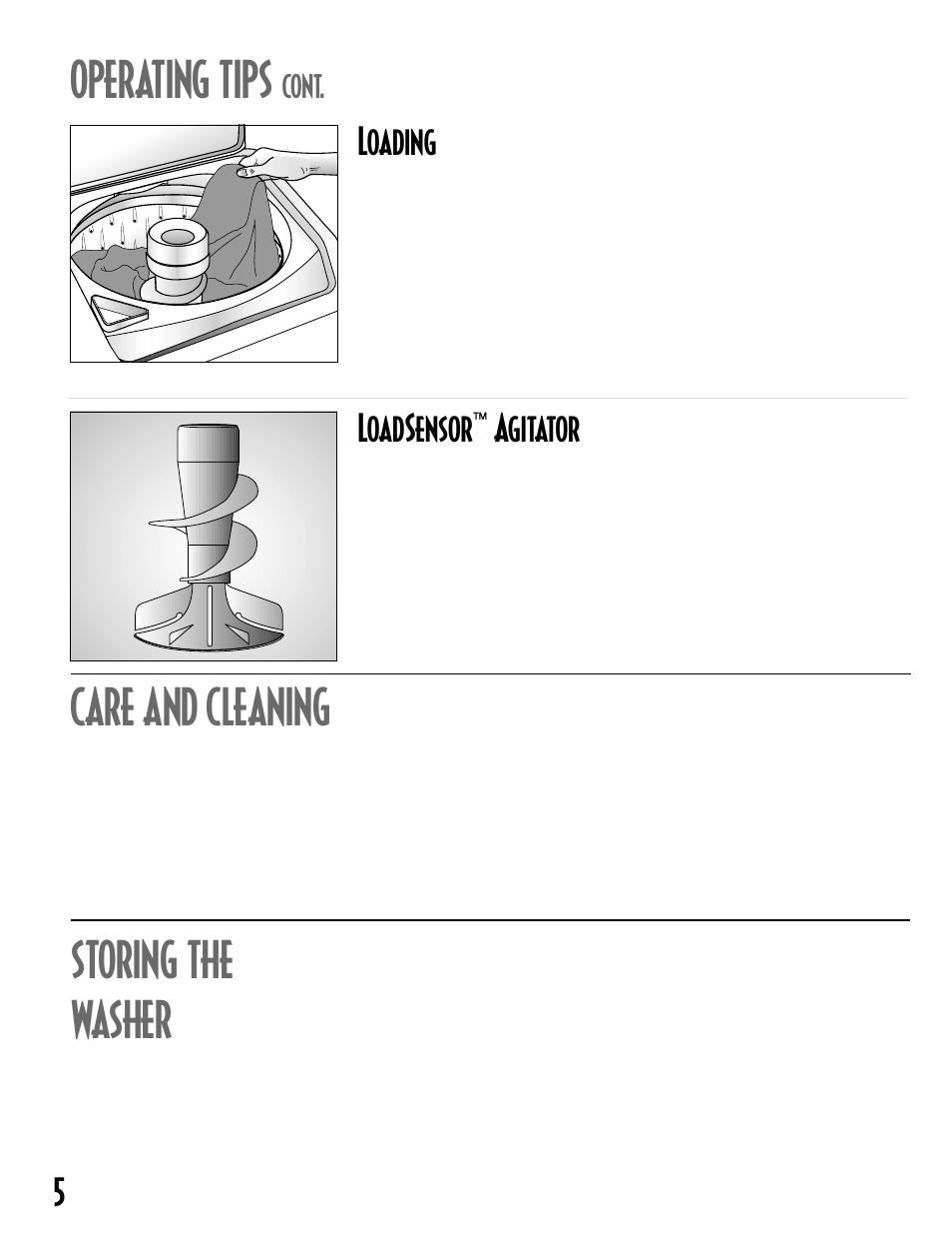 Operating tips, Care and cleaning, Storing the washer | Loading, Loadsensor, Agitator, Cont | Maytag MAV6300 User Manual | Page 6 / 24