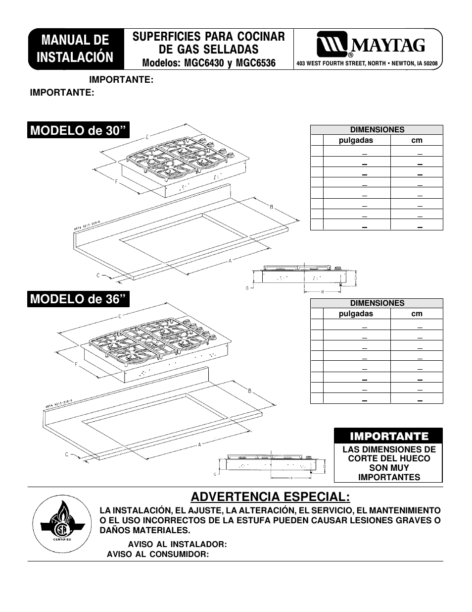 Manual de instalación, Modelo de 36, Superficies para cocinar de gas selladas | Advertencia especial, Modelo de 30, Importante | Maytag MGC6536 User Manual | Page 12 / 33