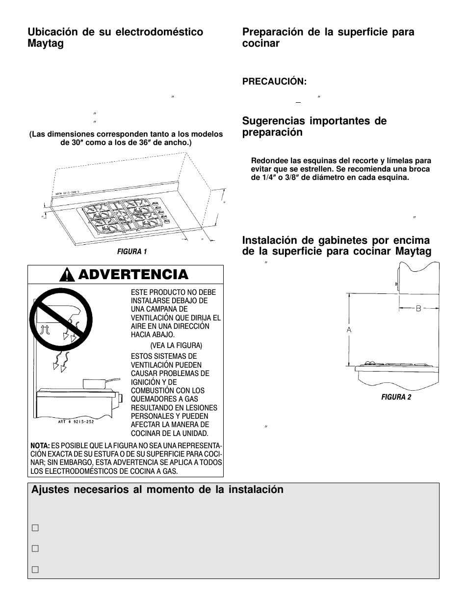 Advertencia, Preparación de la superficie para cocinar, Sugerencias importantes de preparación | Ubicación de su electrodoméstico maytag, Ajustes necesarios al momento de la instalación | Maytag MGC6536 User Manual | Page 13 / 33