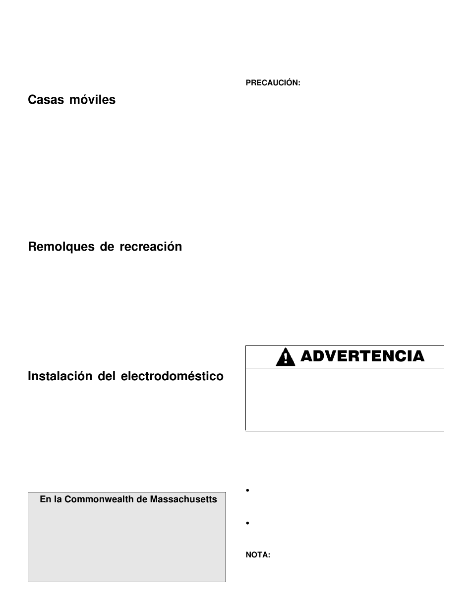 Advertencia, Casas móviles, Remolques de recreación | Instalación del electrodoméstico | Maytag MGC6536 User Manual | Page 14 / 33