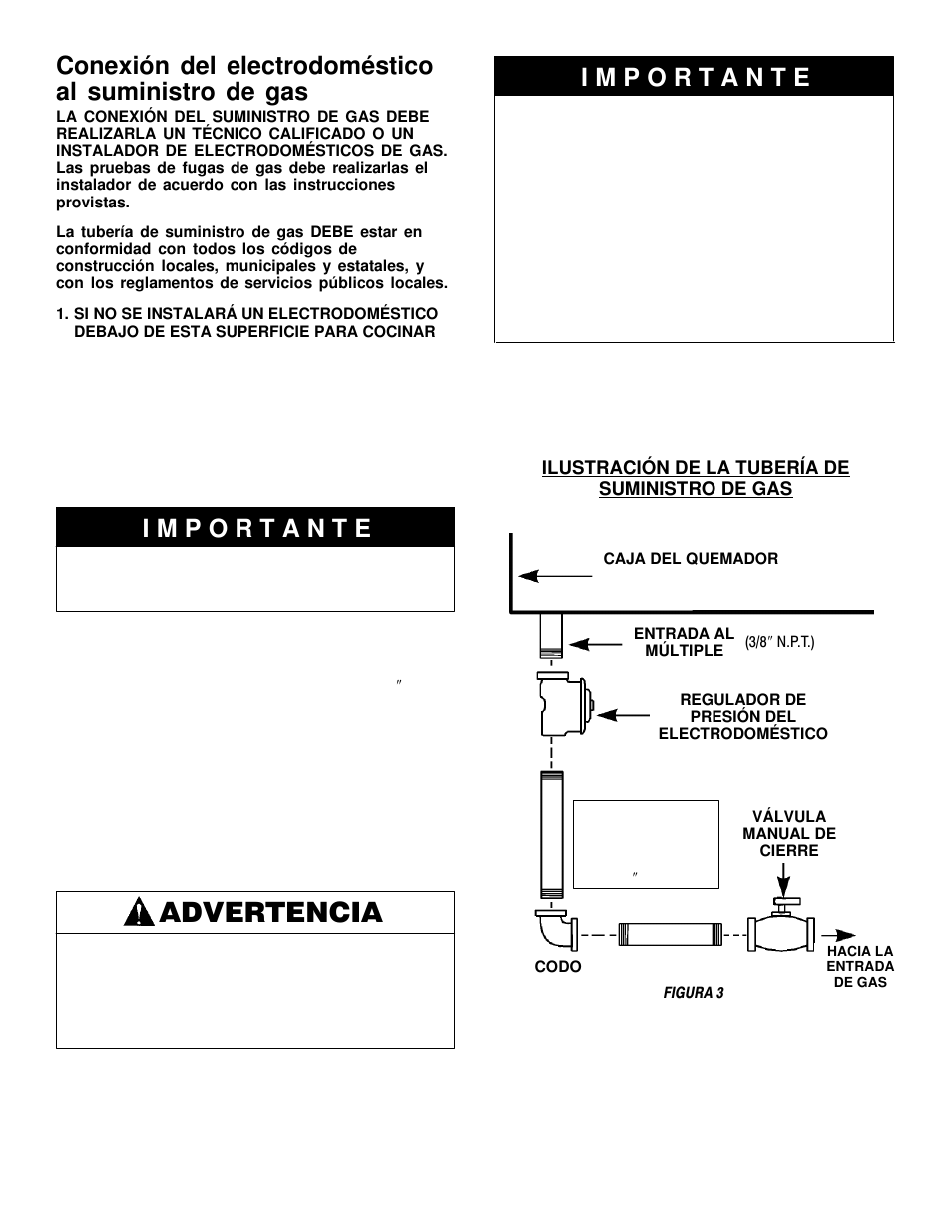 Advertencia, Conexión del electrodoméstico al suministro de gas | Maytag MGC6536 User Manual | Page 15 / 33