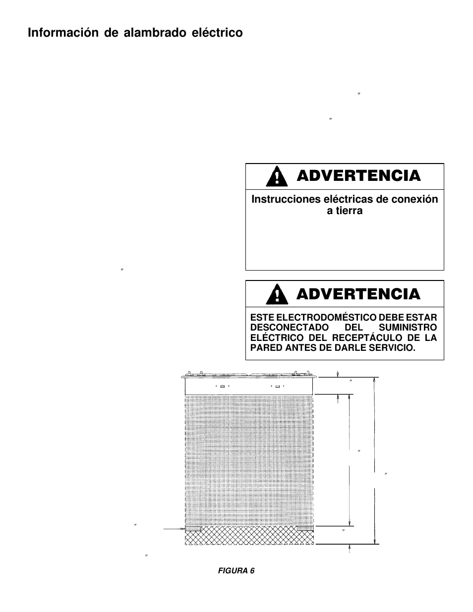 Advertencia, Información de alambrado eléctrico, Instrucciones eléctricas de conexión a tierra | Maytag MGC6536 User Manual | Page 18 / 33