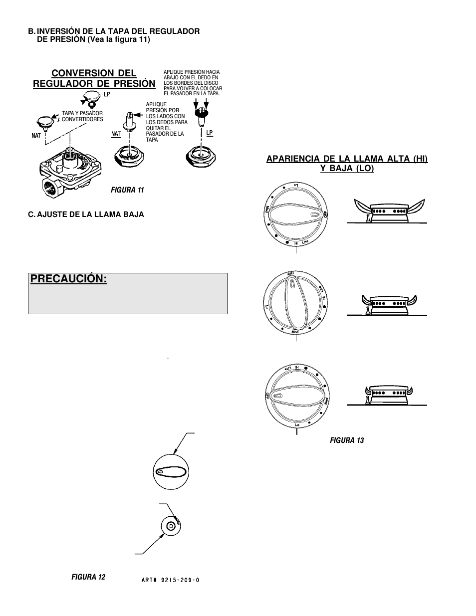 Precaución, Conversión del regulador de presión, Apariencia de la llama alta (hi) y baja (lo) | Maytag MGC6536 User Manual | Page 20 / 33