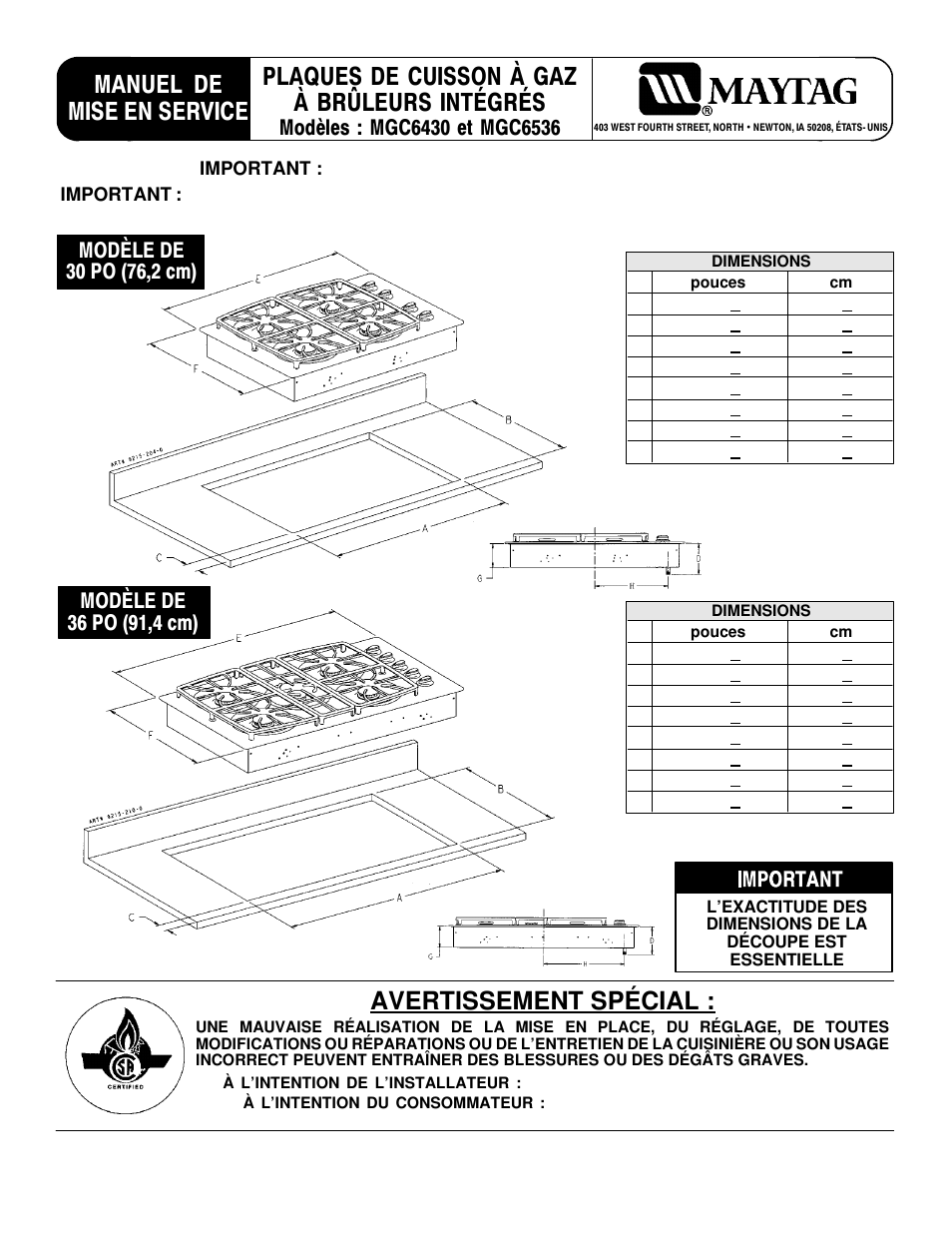 Avertissement spécial | Maytag MGC6536 User Manual | Page 23 / 33