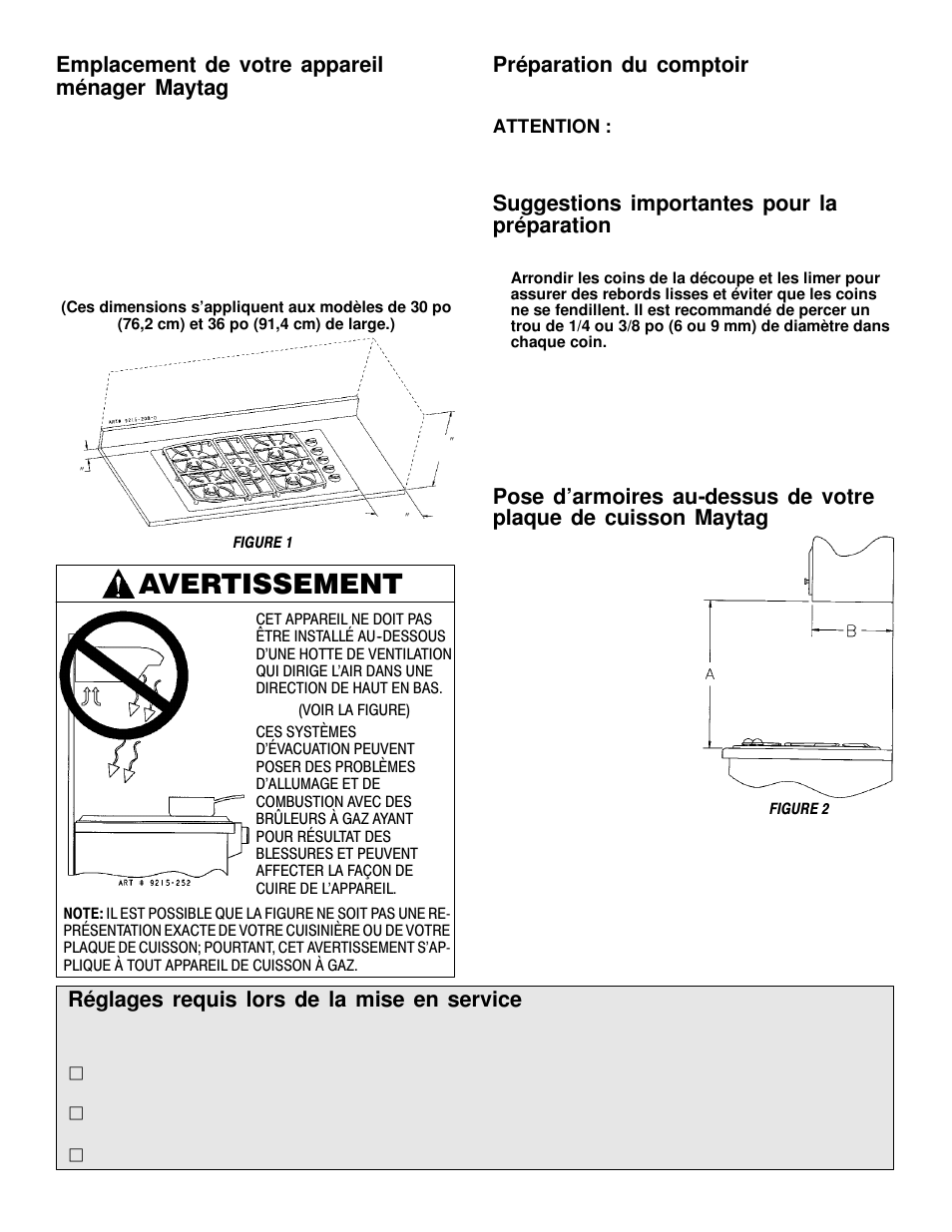 Avertissement, Emplacement de votre appareil ménager maytag, Préparation du comptoir | Suggestions importantes pour la préparation, Réglages requis lors de la mise en service | Maytag MGC6536 User Manual | Page 24 / 33