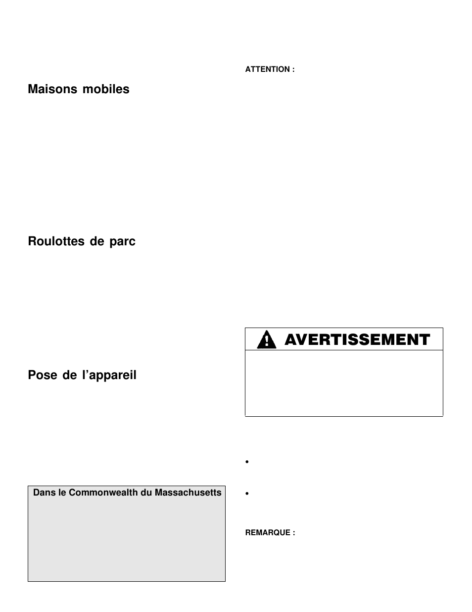 Avertissement, Maisons mobiles, Roulottes de parc | Pose de l’appareil | Maytag MGC6536 User Manual | Page 25 / 33