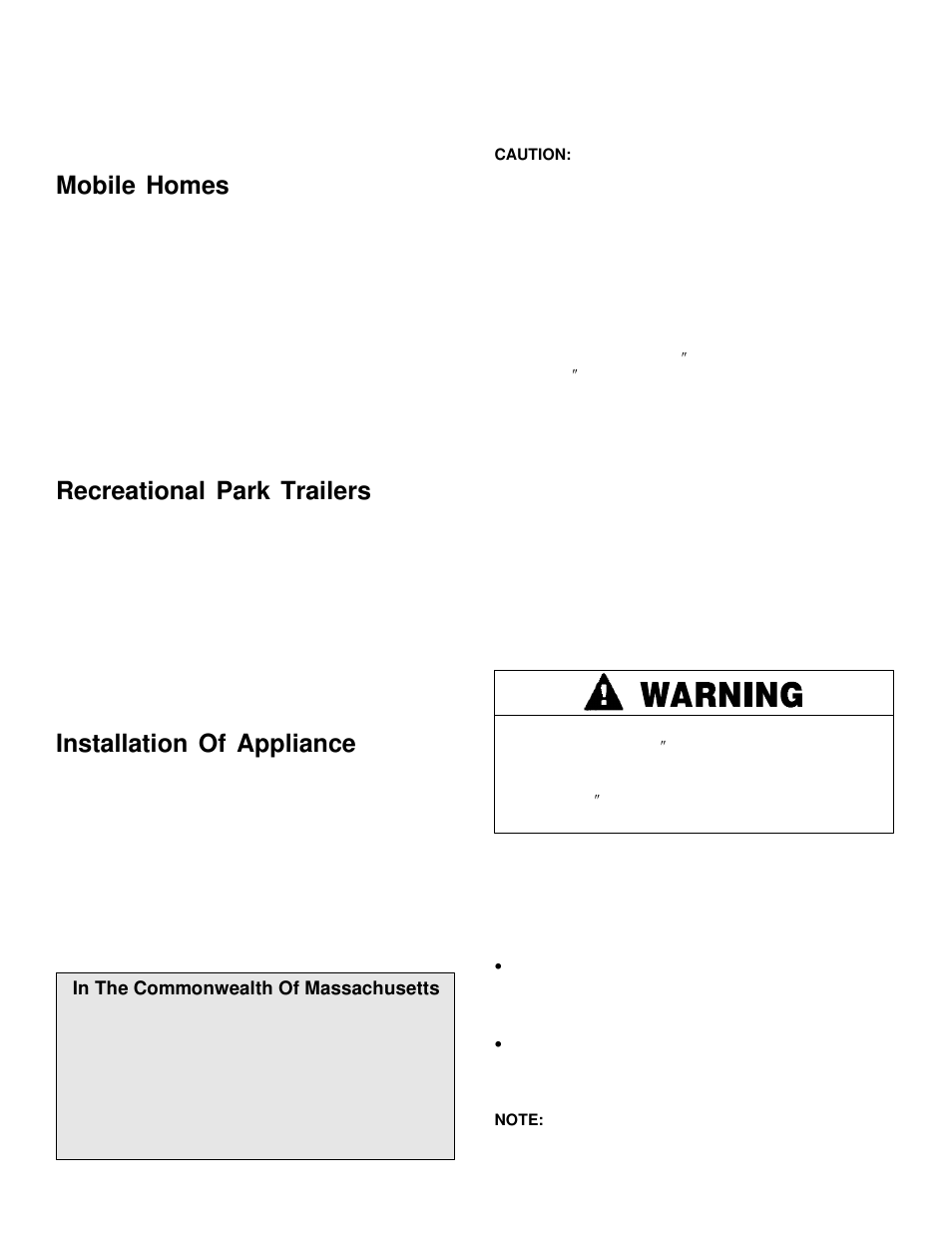 Mobile homes, Recreational park trailers, Installation of appliance | Maytag MGC6536 User Manual | Page 3 / 33