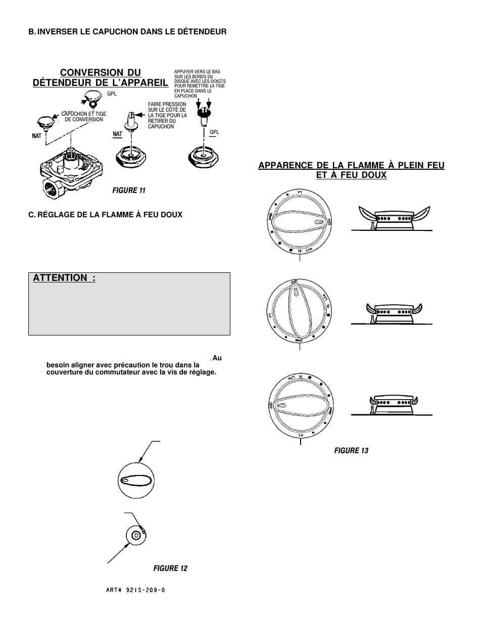 Conversion du détendeur de l’appareil, Attention, Apparence de la flamme à plein feu et à feu doux | Maytag MGC6536 User Manual | Page 31 / 33