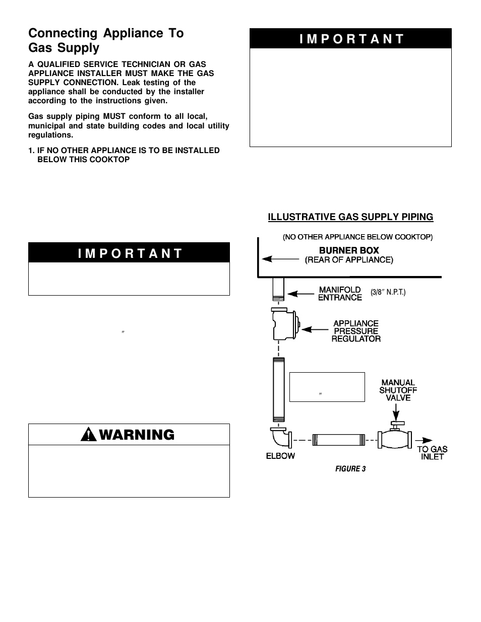 Warning, Connecting appliance to gas supply | Maytag MGC6536 User Manual | Page 4 / 33