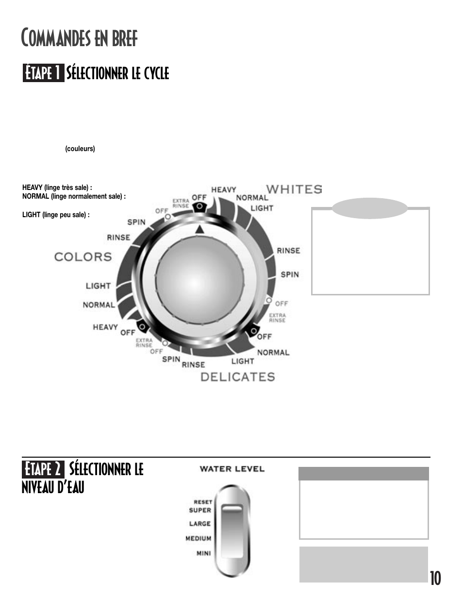 Ommandes en bref, Étape 1 sélectionner le cycle, Étape 2 sélectionner le niveau d’eau | Maytag MAV5257 User Manual | Page 11 / 24