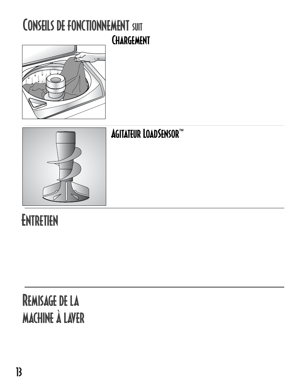 Onseils de fonctionnement, Ntretien, Emisage de la machine à laver | Chargement, Agitateur loadsensor, Suit | Maytag MAV5257 User Manual | Page 14 / 24