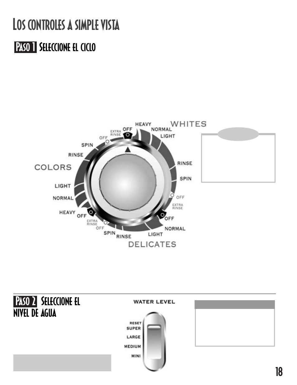 Os controles a simple vista, Paso 1 seleccione el ciclo, Paso 2 seleccione el nivel de agua | Maytag MAV5257 User Manual | Page 19 / 24