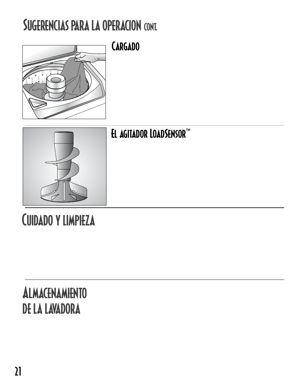 Ugerencias para la operacion, Uidado y limpieza, Lmacenamiento de la lavadora | Cargado, El agitador loadsensor, Cont | Maytag MAV5257 User Manual | Page 22 / 24