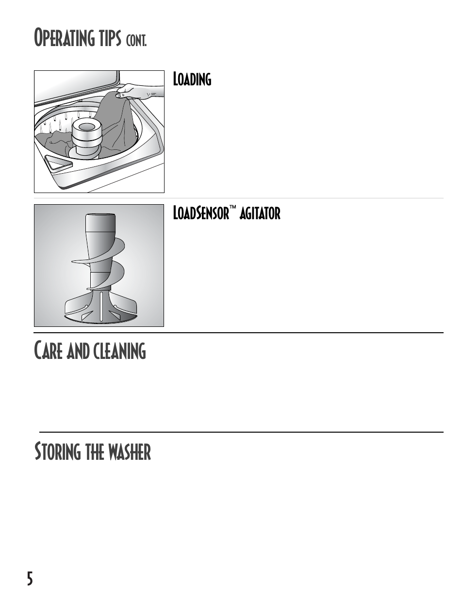 Perating tips, Are and cleaning, Toring the washer | Loading, Loadsensor, Agitator, Cont | Maytag MAV5257 User Manual | Page 6 / 24