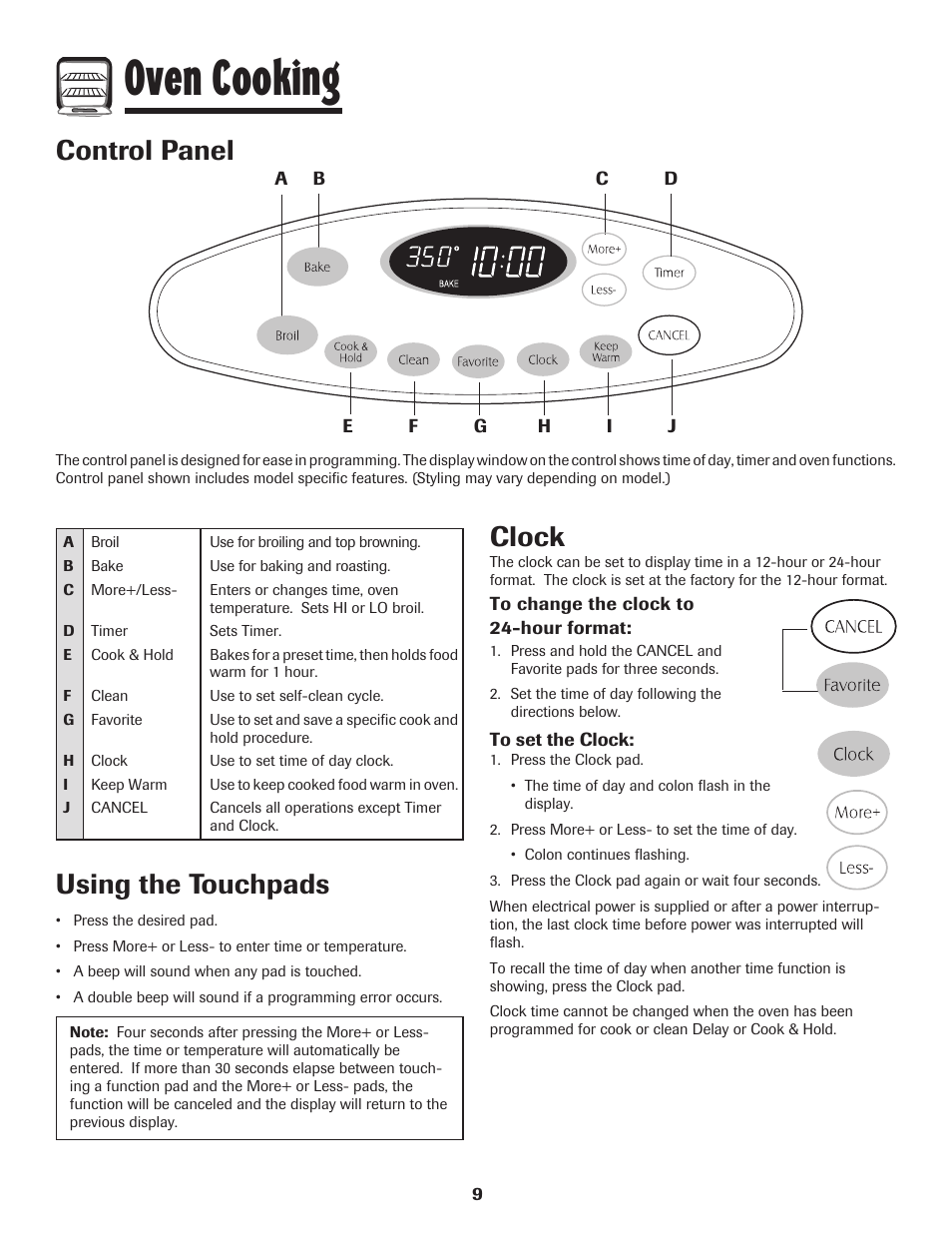 Oven cooking, Control panel, Using the touchpads | Clock | Maytag 700 User Manual | Page 10 / 28