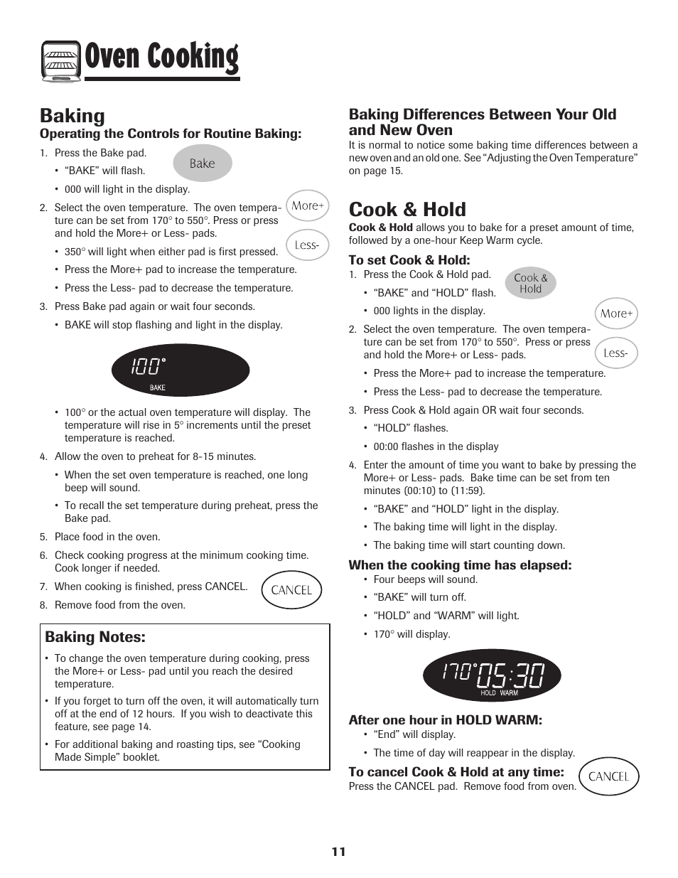 Oven cooking, Baking, Cook & hold | Baking differences between your old and new oven | Maytag 700 User Manual | Page 12 / 28
