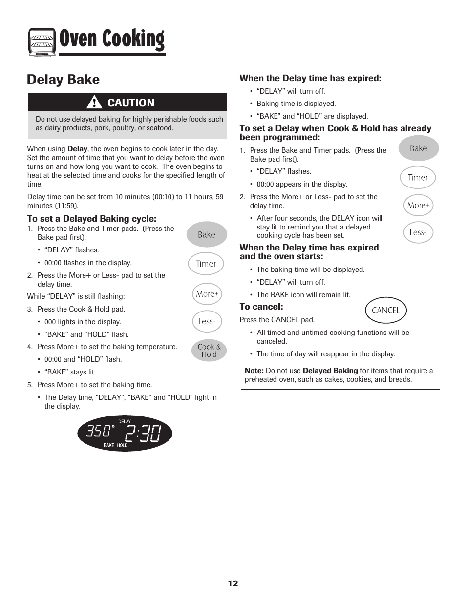 Oven cooking, Delay bake, Caution | Maytag 700 User Manual | Page 13 / 28