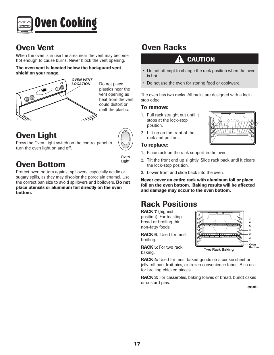 Oven cooking, Oven light, Oven bottom | Oven vent, Oven racks, Rack positions, Caution | Maytag 700 User Manual | Page 18 / 28