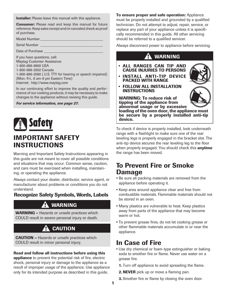 Safety, Important safety instructions | Maytag 700 User Manual | Page 2 / 28