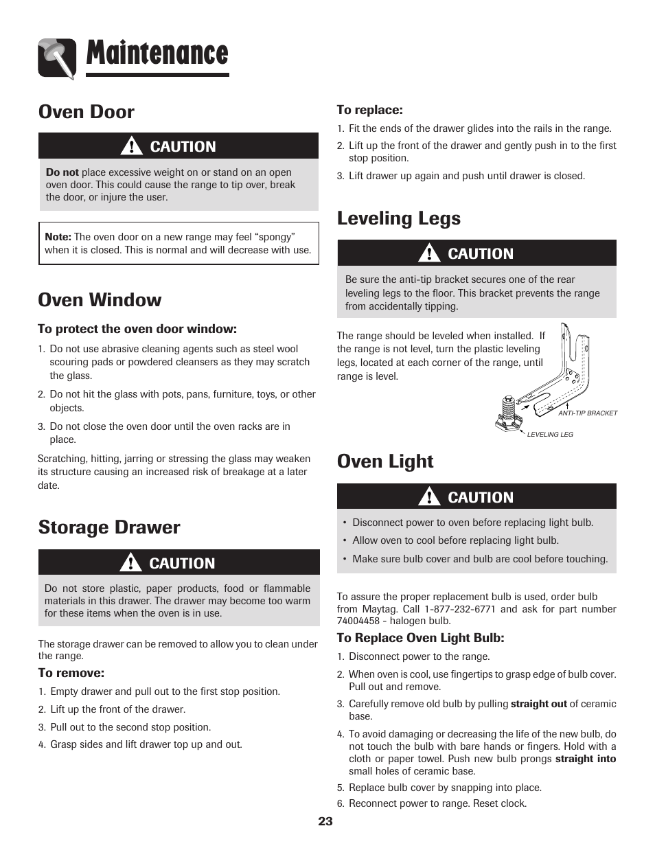 Maintenance, Oven door, Oven window | Leveling legs, Oven light, Storage drawer, Caution | Maytag 700 User Manual | Page 24 / 28