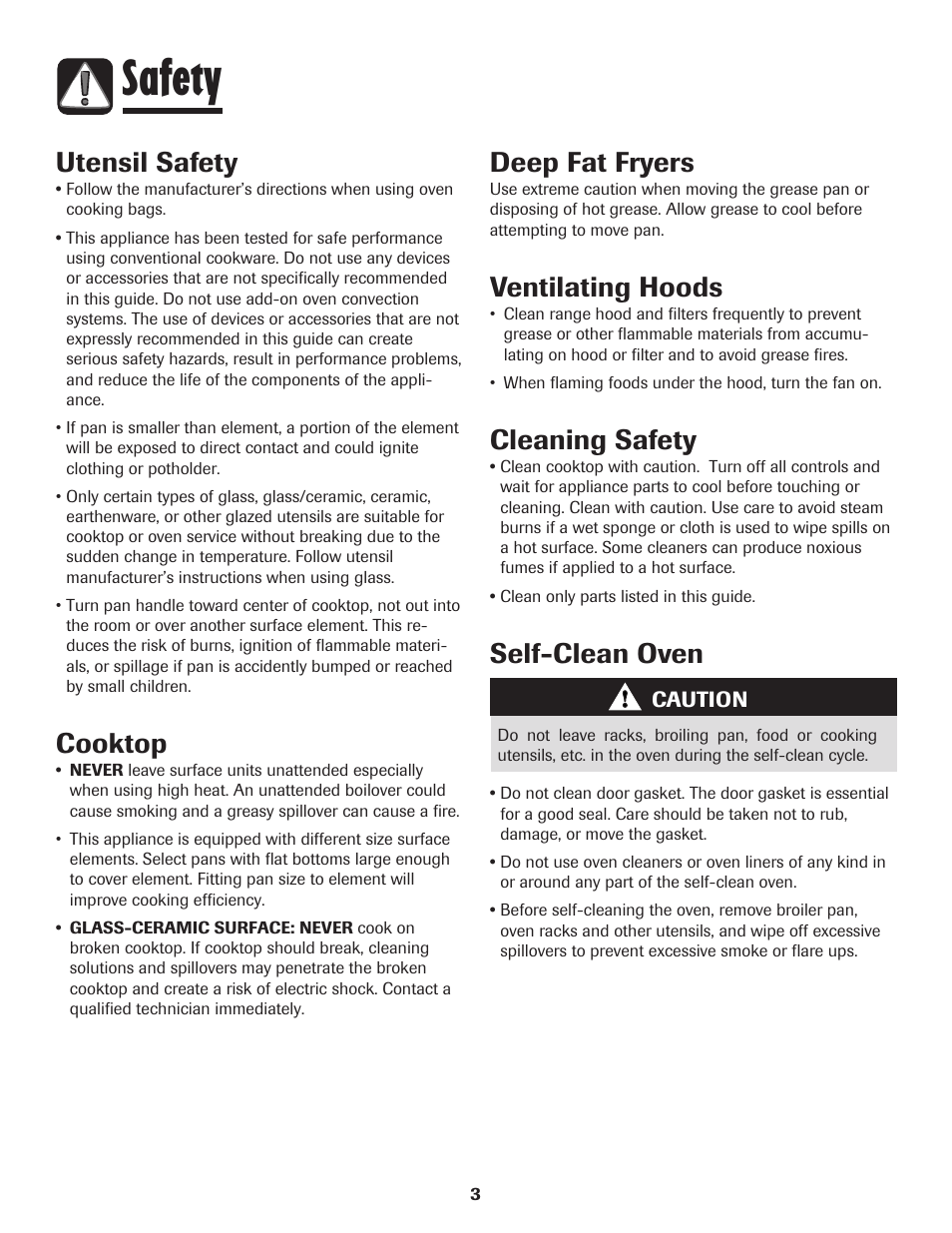 Safety, Utensil safety, Cooktop | Deep fat fryers, Ventilating hoods, Cleaning safety, Self-clean oven | Maytag 700 User Manual | Page 4 / 28