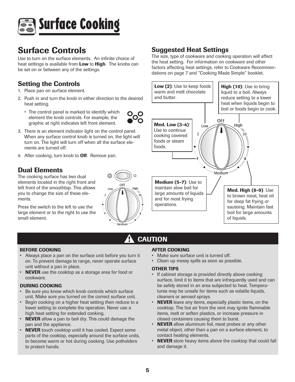 Surface cooking, Surface controls, Setting the controls | Dual elements, Caution suggested heat settings | Maytag 700 User Manual | Page 6 / 28