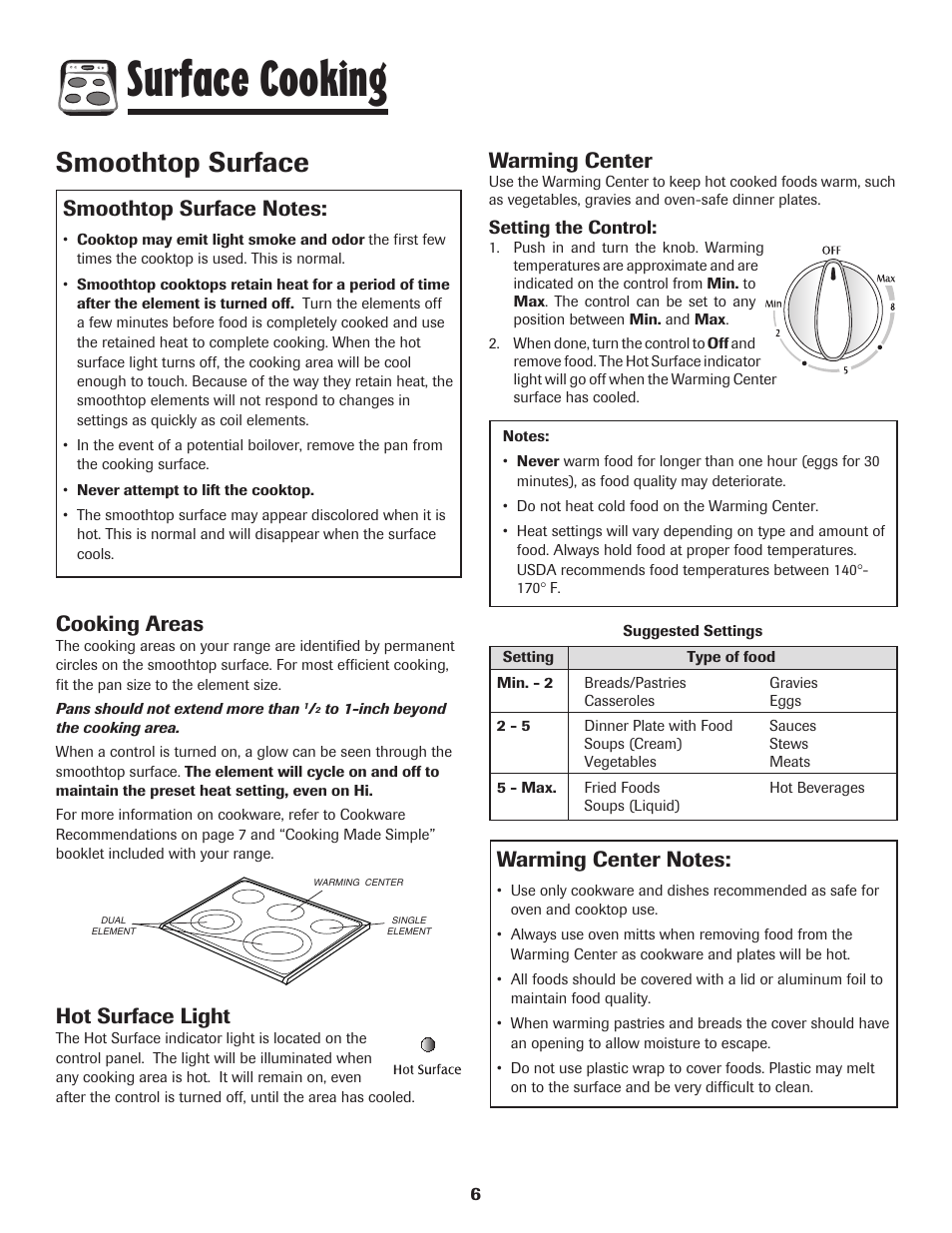 Surface cooking, Smoothtop surface, Cooking areas | Hot surface light, Warming center | Maytag 700 User Manual | Page 7 / 28
