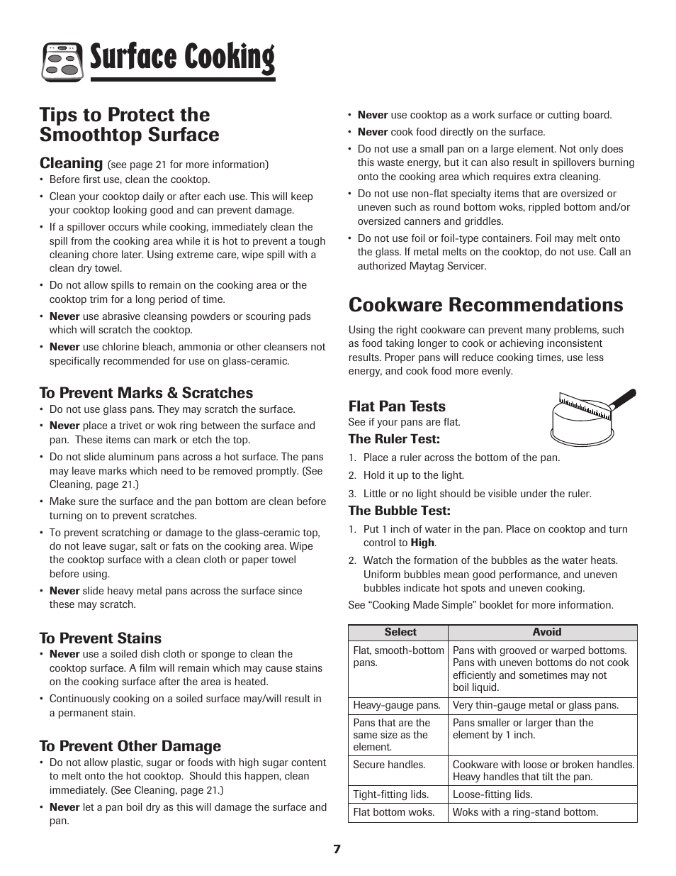 Surface cooking, Tips to protect the smoothtop surface, Cookware recommendations | Cleaning, Flat pan tests | Maytag 700 User Manual | Page 8 / 28
