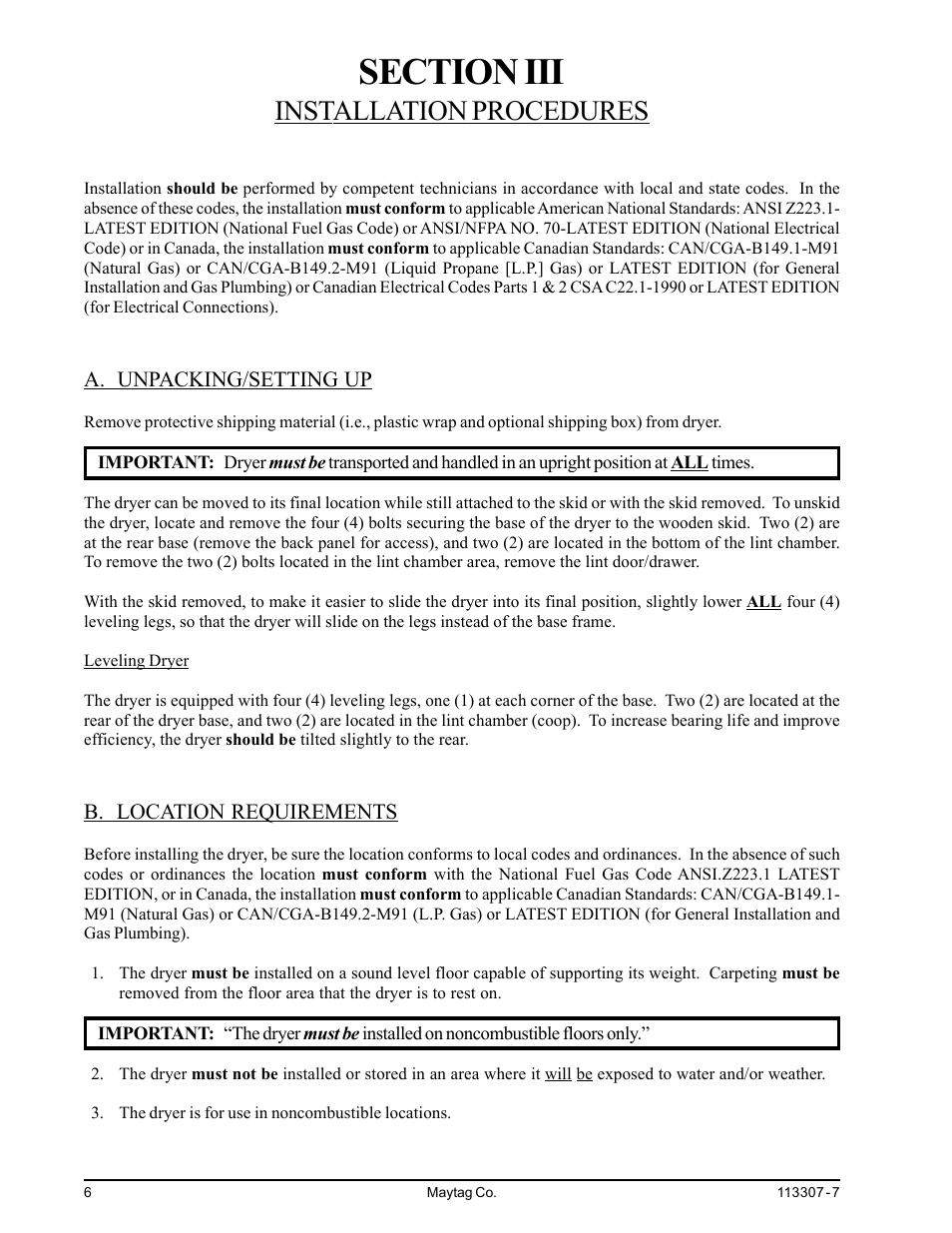 Section iii installation procedures, A. unpacking/setting up b. location requirements, Installation procedures | Maytag MDG30MNV User Manual | Page 10 / 36