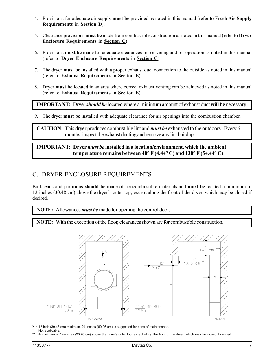 C. dryer enclosure requirements | Maytag MDG30MNV User Manual | Page 11 / 36