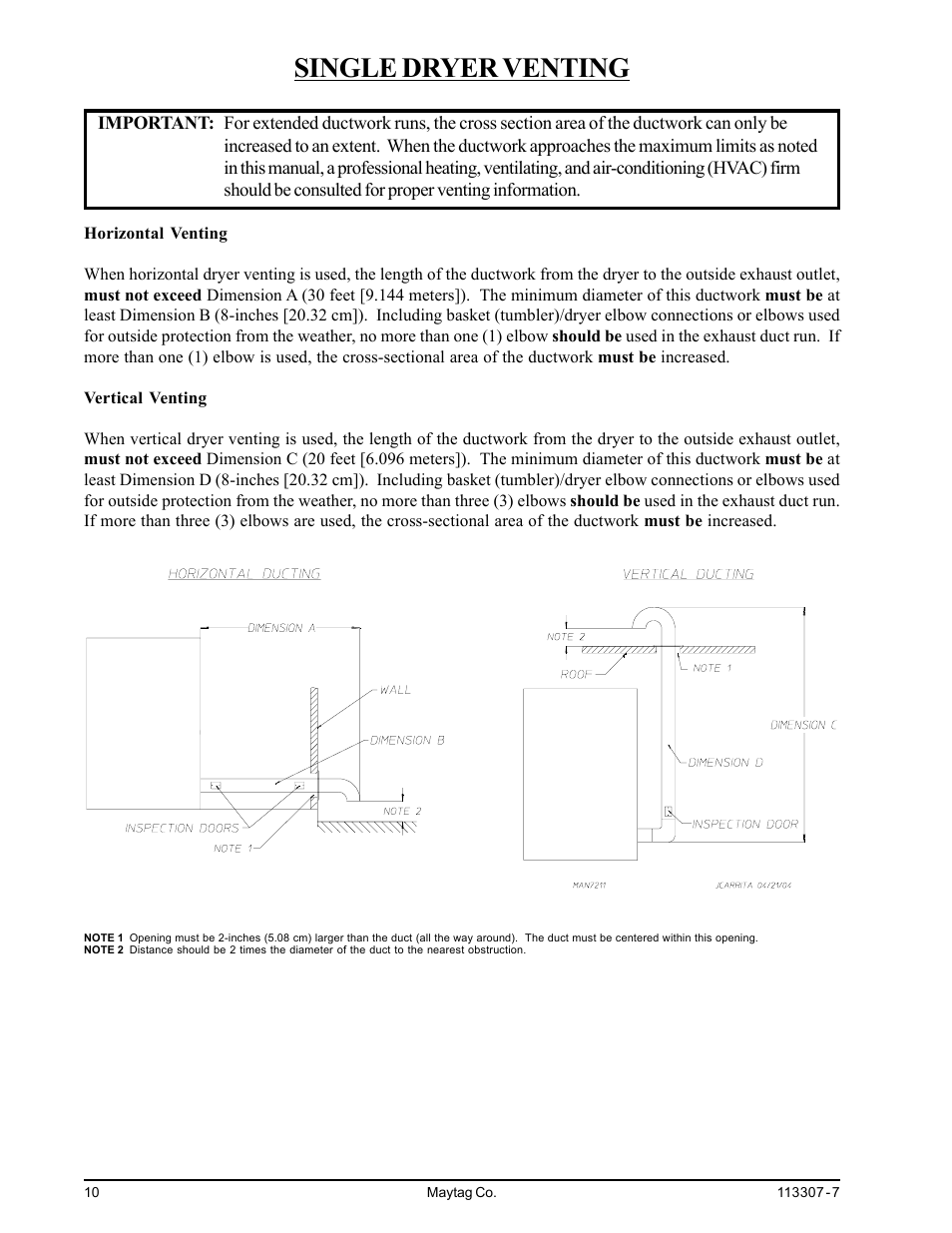 Single dryer venting | Maytag MDG30MNV User Manual | Page 14 / 36