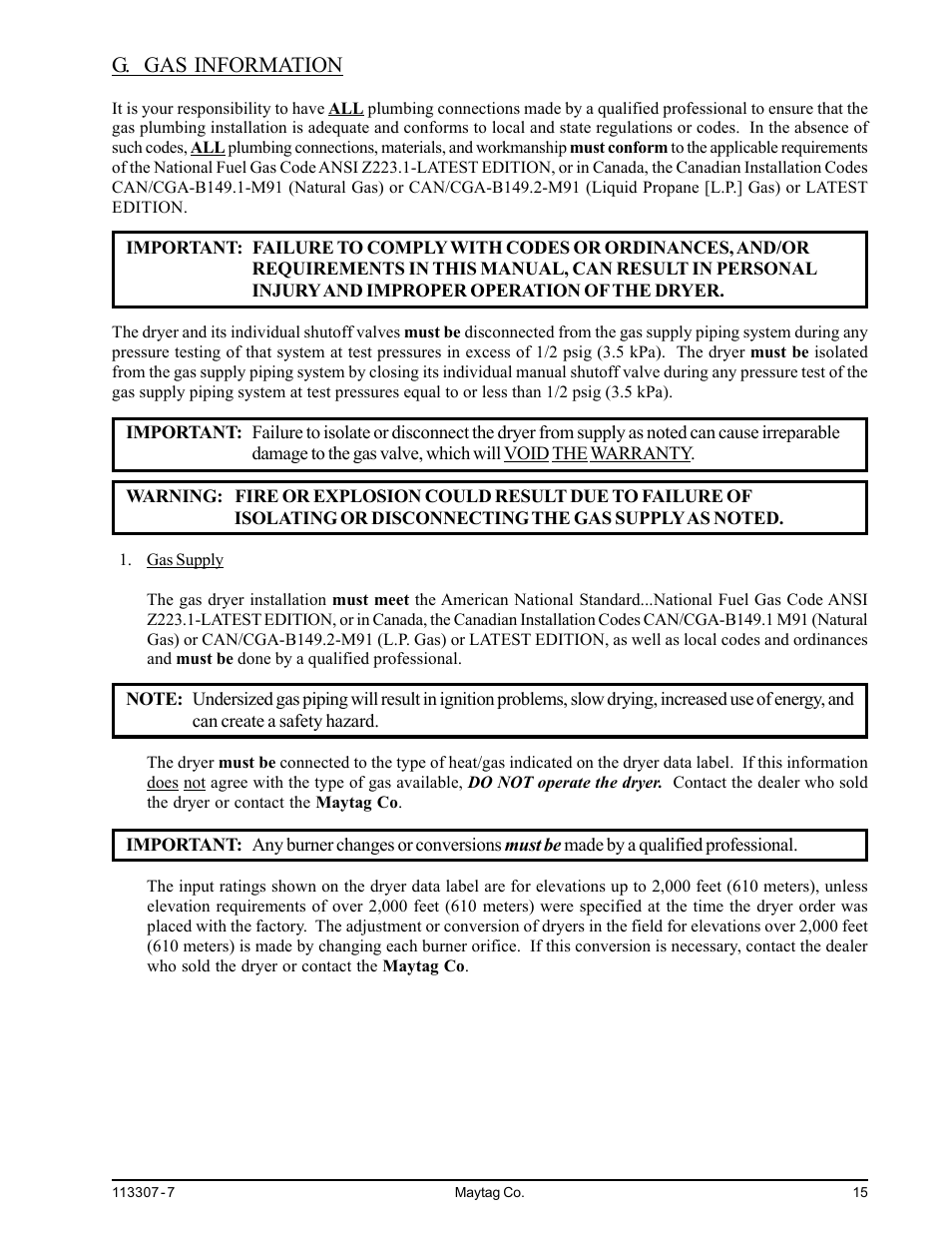 G. gas information | Maytag MDG30MNV User Manual | Page 19 / 36