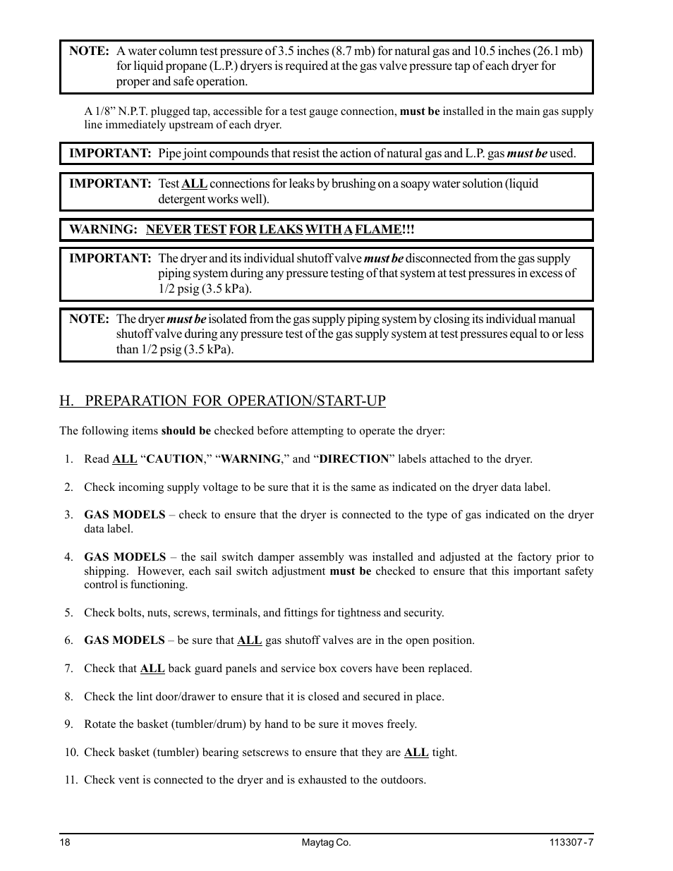 H. preparation for operation/start-up | Maytag MDG30MNV User Manual | Page 22 / 36