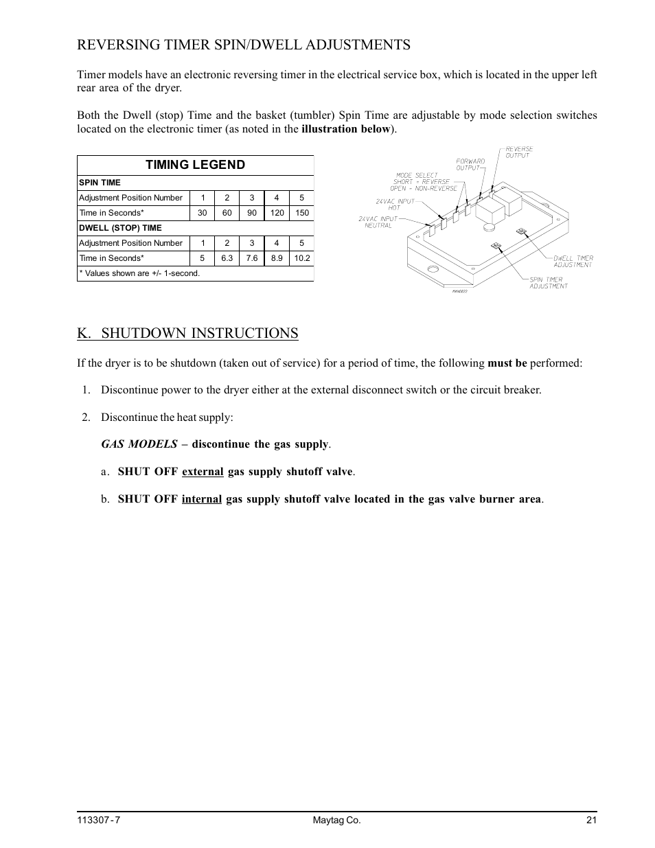 K. shutdown instructions, Reversing timer spin/dwell adjustments, Timing legend | Maytag MDG30MNV User Manual | Page 25 / 36