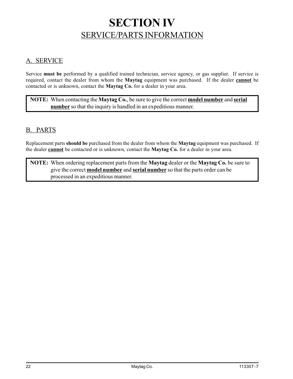 Section iv service/parts information, A. service b. parts, Service/parts information | Maytag MDG30MNV User Manual | Page 26 / 36