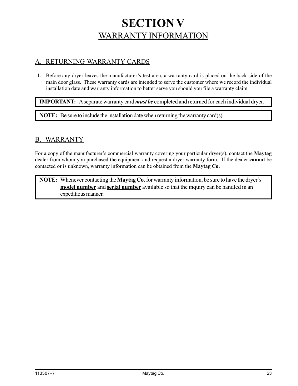 Section v warranty information, A. returning warranty cards b. warranty, Warranty information | Maytag MDG30MNV User Manual | Page 27 / 36