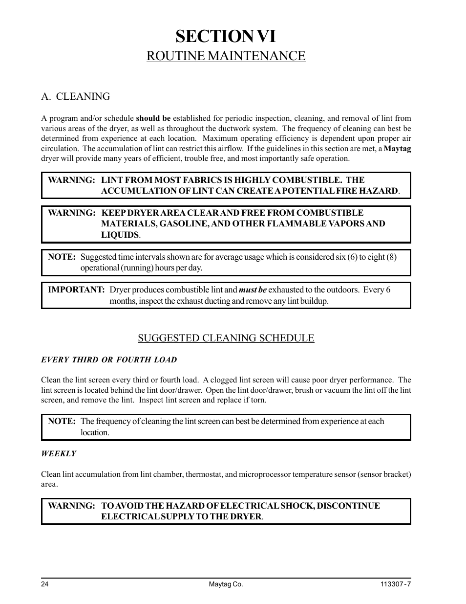 Section vi routine maintenance, A. cleaning, Routine maintenance | Maytag MDG30MNV User Manual | Page 28 / 36