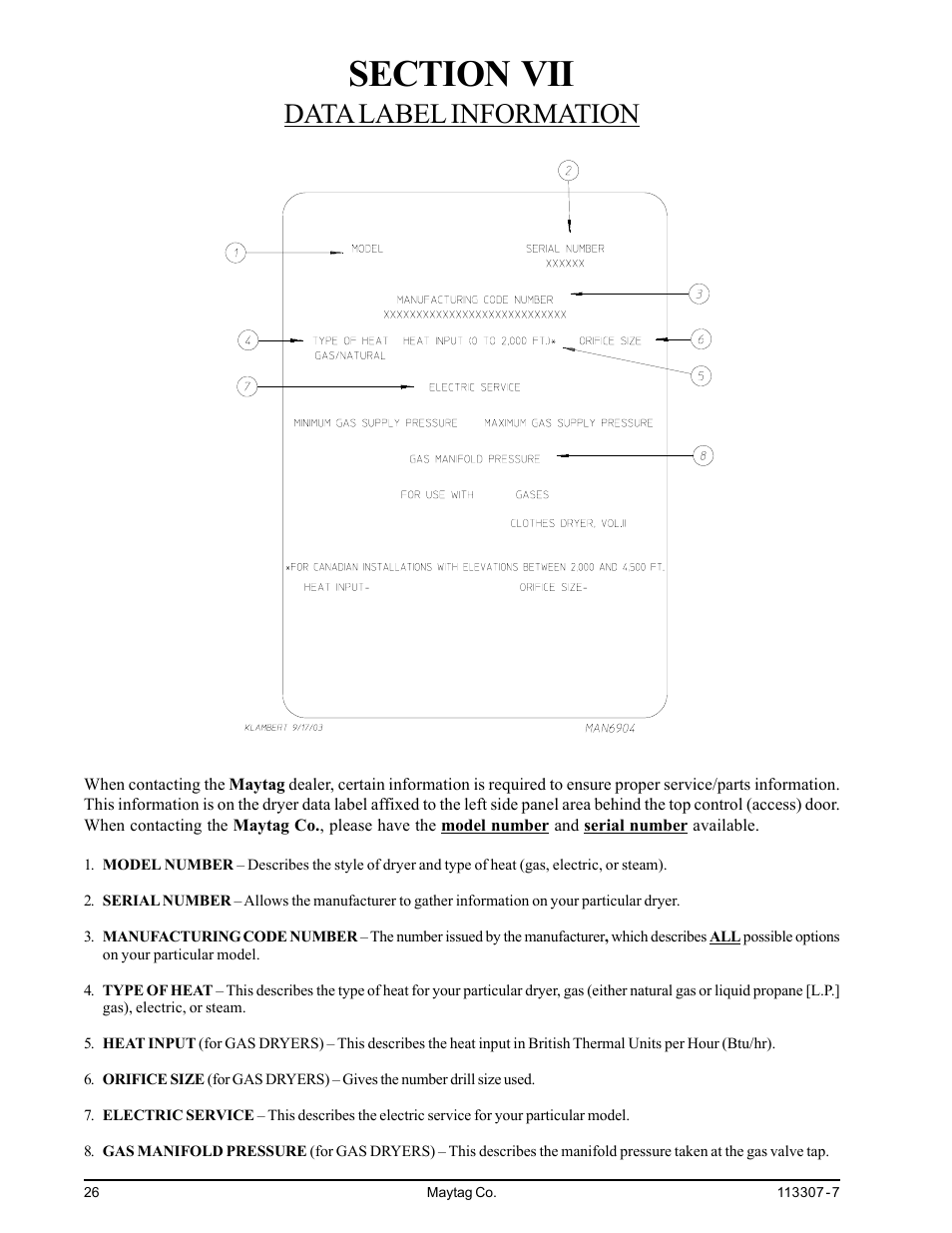 Section vii data label information, Data label information | Maytag MDG30MNV User Manual | Page 30 / 36