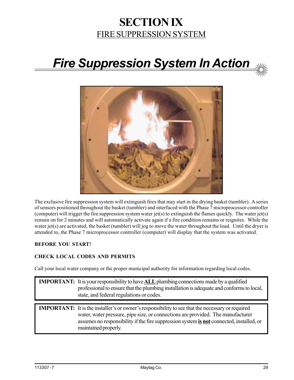 Section ix fire suppression system, Fire suppression system in action, Fire suppression system | Maytag MDG30MNV User Manual | Page 33 / 36