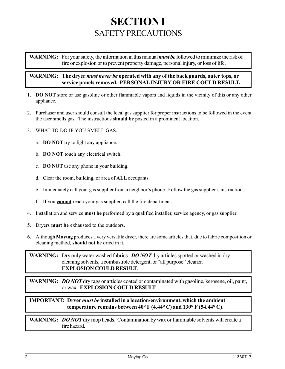 Section i safety precautions, Safety precautions | Maytag MDG30MNV User Manual | Page 6 / 36