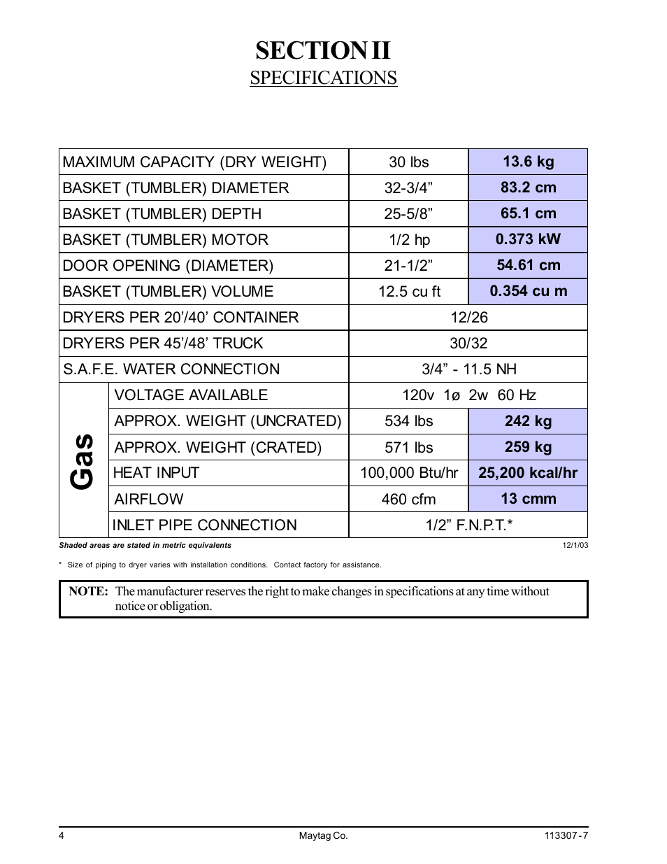 Section ii specifications, Specifications | Maytag MDG30MNV User Manual | Page 8 / 36